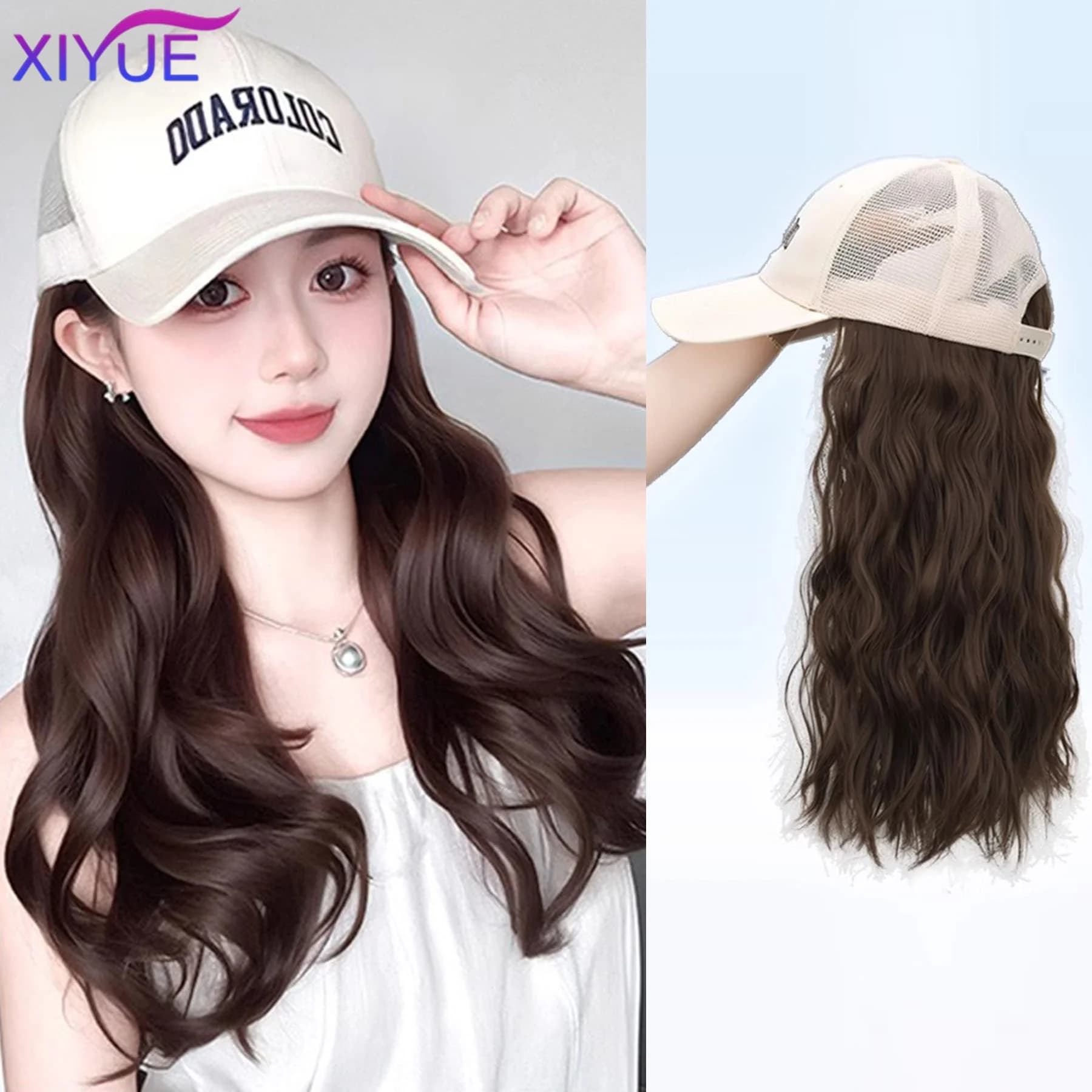 XIYUEHat Parrucca per donna con cappello da baseball ondulato, parrucca con extension di capelli ricci, parrucca sintetica ondulata, regolabile, marrone