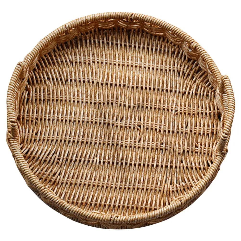 Cestino per Pane Intrecciato in Finto Rattan, Cesto Rotondo in Plastica con Manico, Vassoio Multiuso per Snack, Frutta e Frutta Secca