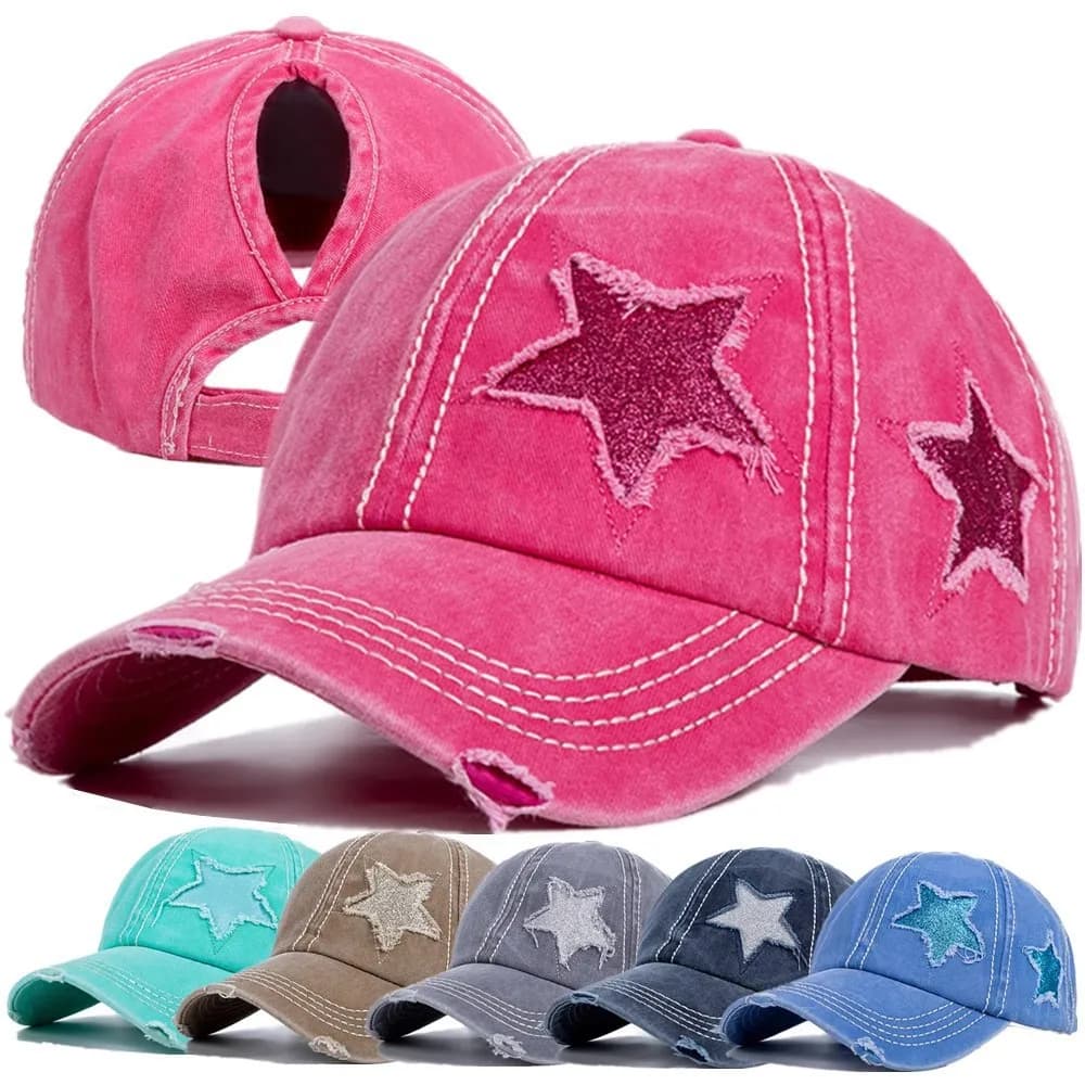 Adjustable Women's Baseball Cap with Ponytail Hole, Distressed Trucker Hat Embroidered Baseball Cap