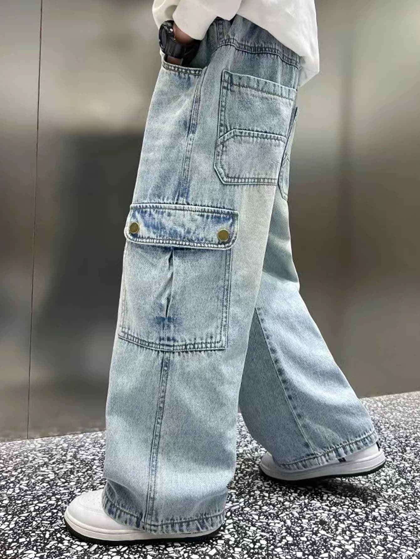 Jeans larghi a gamba larga con gamba dritta e lavaggio vintage per adolescenti - Pantaloni lunghi casual eleganti e belli