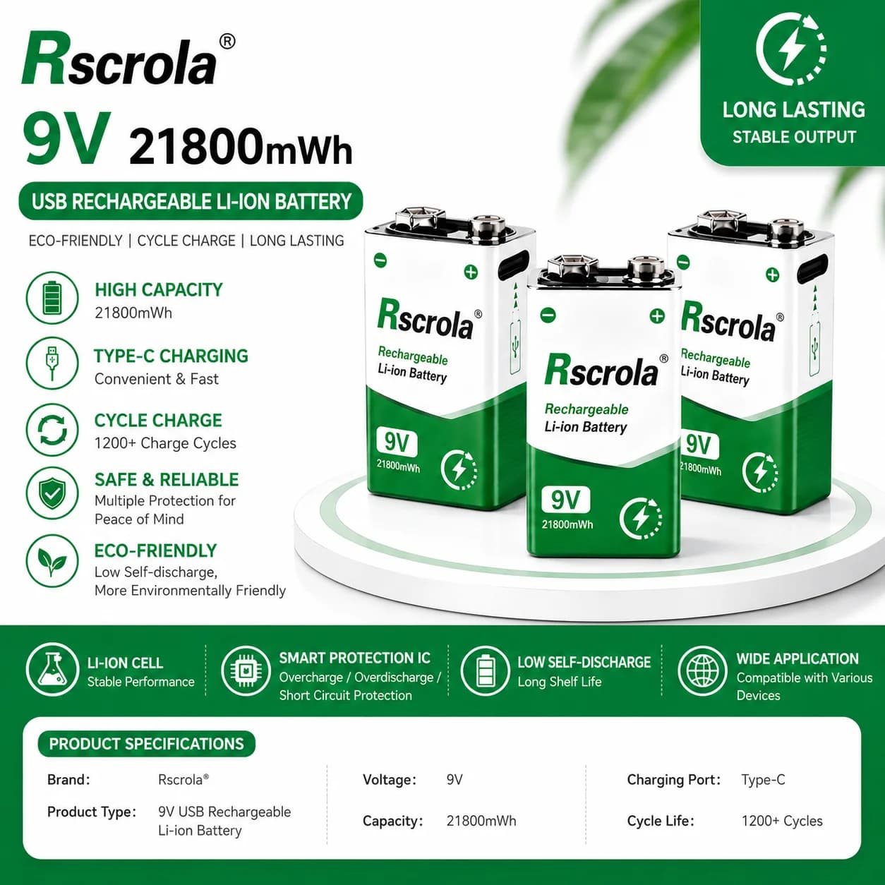 Batteria al Litio Ricaricabile Rscrola 9V 21800mWh con Ricarica Rapida USB-C, Lunga Durata per Rilevatori di Fumo e Pedali per Effetti Chitarra