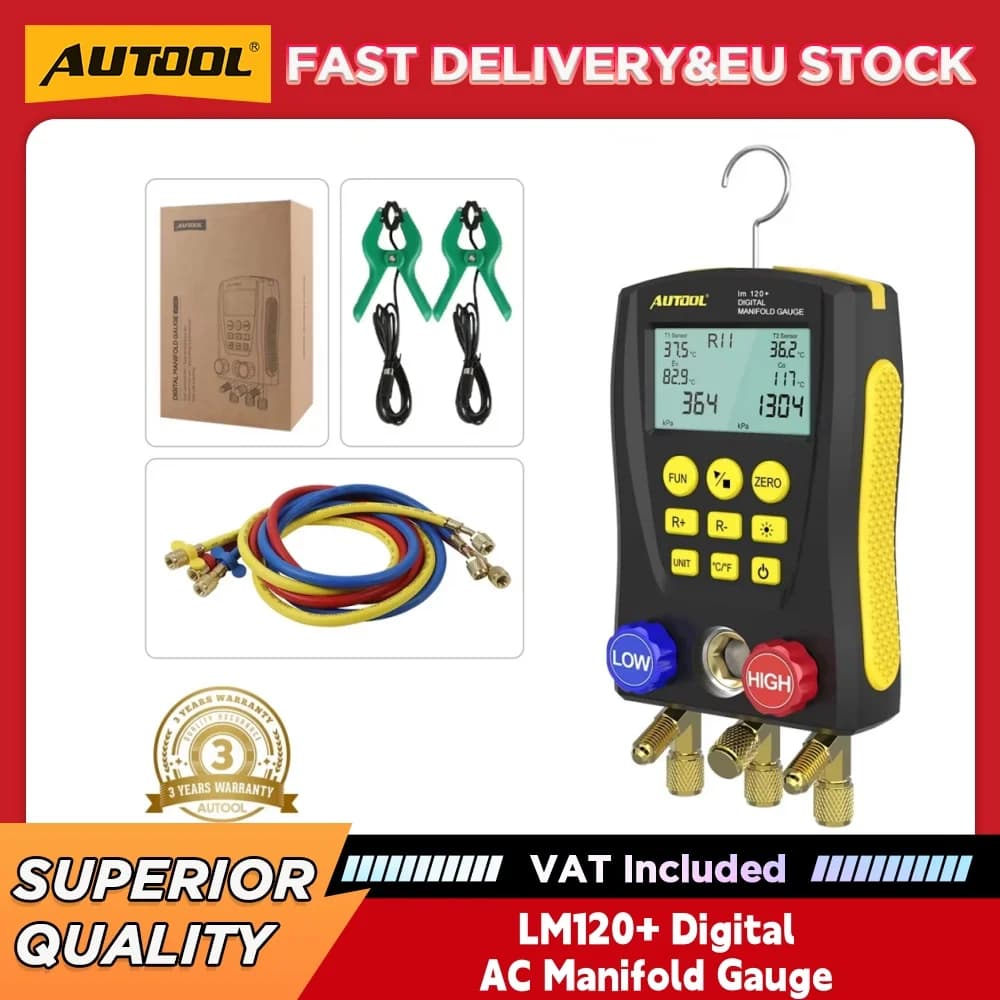 AUTOOL LM120+ Digital AC Manifold Gauge, Intelligent Refrigerant Leak Detector Dual Pressure & Temperature HVAC Service Tool for Automotive AC Systems