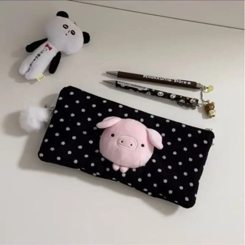 Astuccio Portamatite a Forma di Maialino Carino, Borsa Portaoggetti Grande Capacità a Pois per Ragazze e Studentesse, Porta Cancelleria a Cartone Animato Nero
