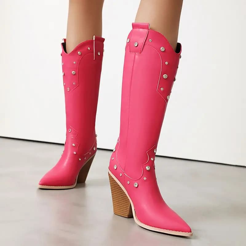 ORCHA LISA Fashion Knee High Boots Pointed Toe 9.5cm Chunky Heel Slip On Pink Black Plus Size 47 48 Sexy Western Dating Style