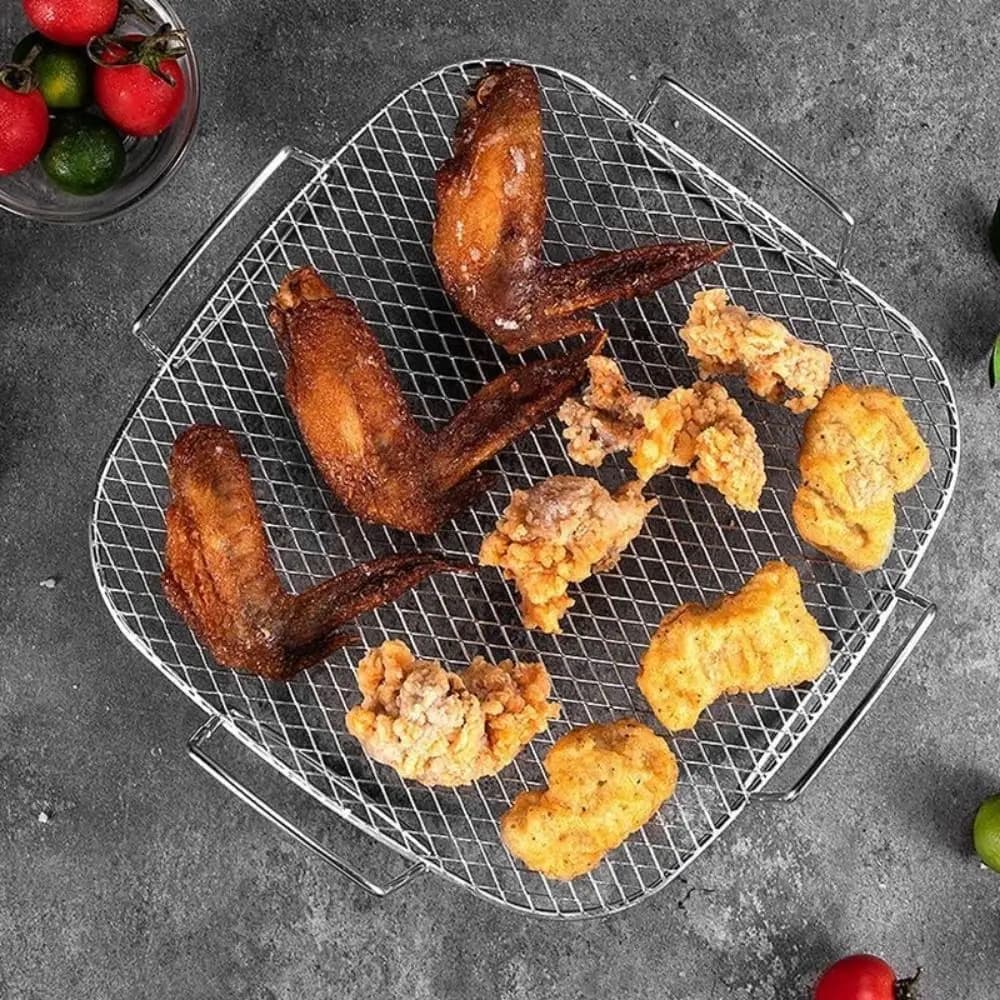 Griglia in rete di acciaio inossidabile per friggitrice ad aria, con manico antiruggine, cestello impilabile resistente al calore per forno e grill, per cottura a vapore