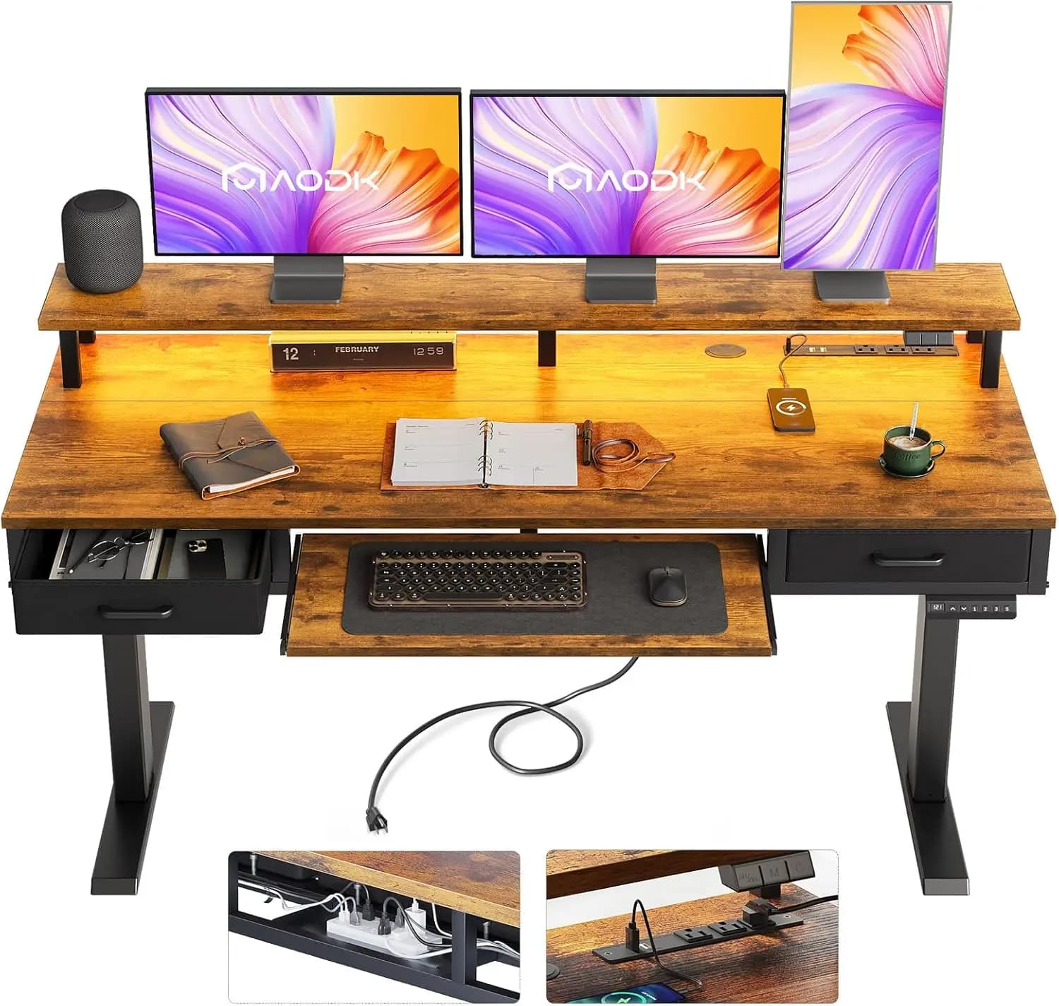 63 Inch Electric Height Adjustable Standing Desk with Drawers, Keyboard Tray, Power Outlets & LED Lights - Sit Stand Gaming Table with Monitor Stand for Home Office, Rustic Brown