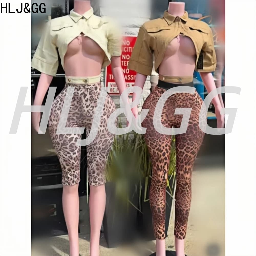 HLJ&GG Fashion Hollow Button Lapel Jacket Two Piece Sets Women Slim Crop Top + Leopard Skinny Pants Outfits Y2K Trend Streetwear
