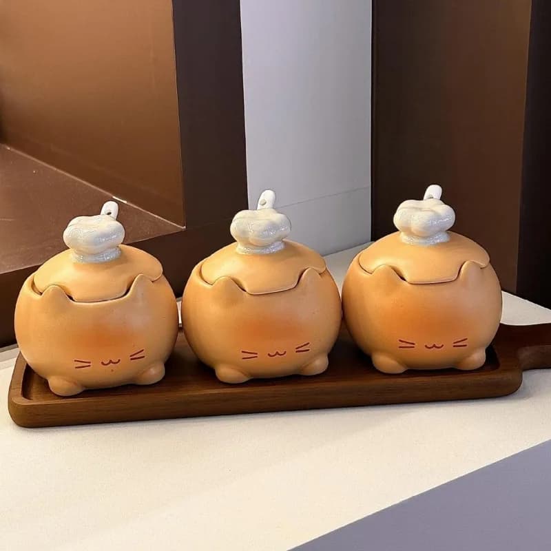 Set di 3 Barattoli per Spezie in Ceramica a Forma di Gatto, Creativi e Carini, Saliera e Pepiera con Coperchi in Smalto Marrone, Contenitori per Organizzazione Dispensa