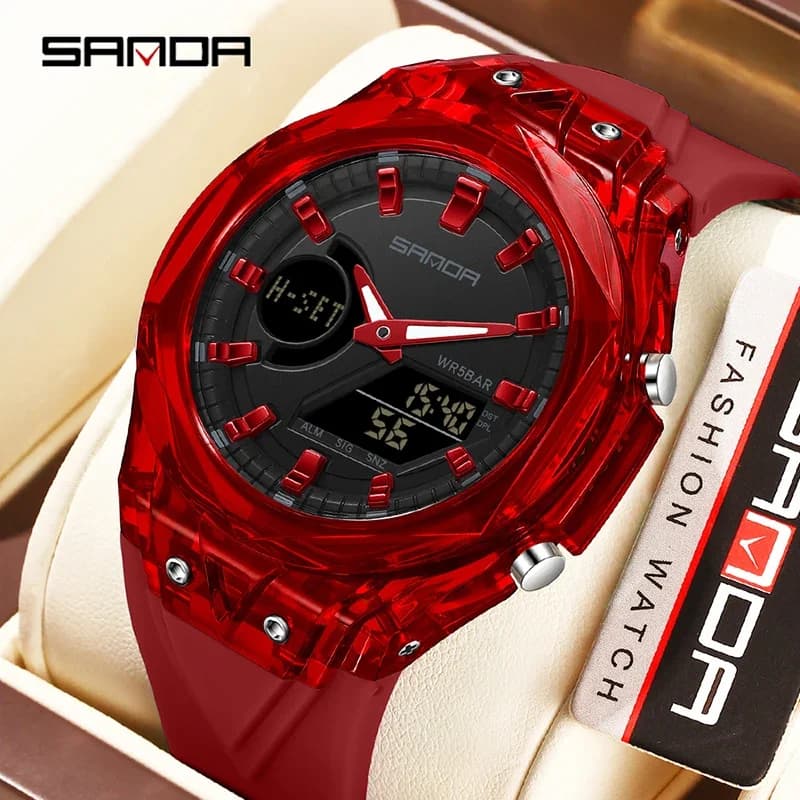 SANDA Fashionable Electronic Quartz Watches For Men Double Display Students Bright Alarm Clock Digital LED Waterproof