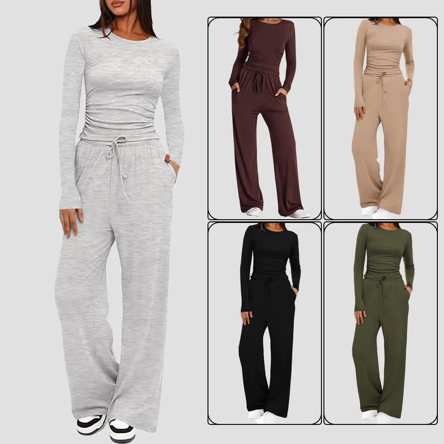 Pantaloni Lunghi a Gamba Larga da Donna, Set Moda Multi-Colore, Stile Semplice, Colore Puro, Maniche Lunghe, Collezione Autunnale per Adulti