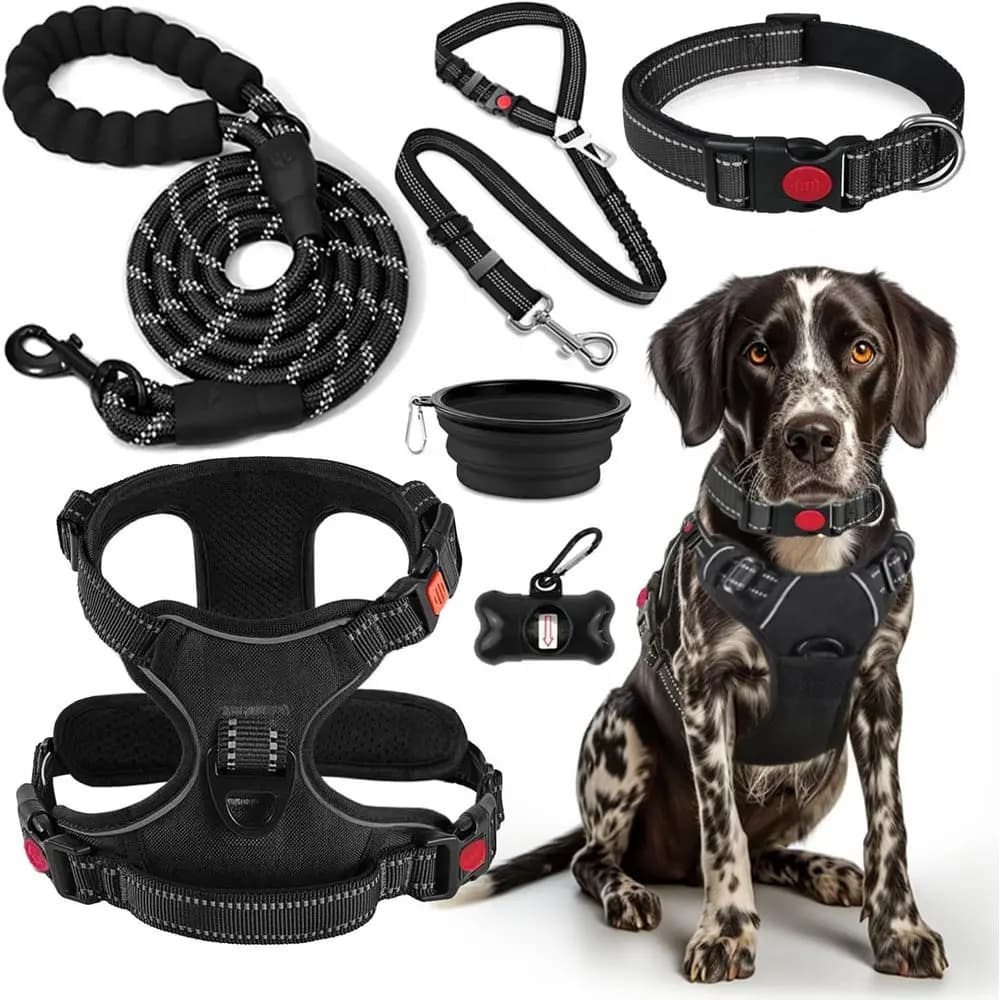 Set Guinzaglio, Collare e Pettorina Anti-Trazione per Cani | Include cintura di sicurezza per cani, ciotole pieghevoli e dispenser per sacchetti igienici. Ideale per l'allenamento, Walkin