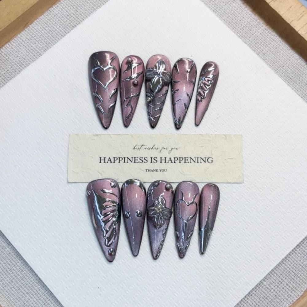 10 Pezzi Autunno Inverno Spice Girl Viola Cat Eye Stampa fatta a mano sulle unghie Fiori Farfalla Cuore Unghie finte Rimovibili Riutilizzabili