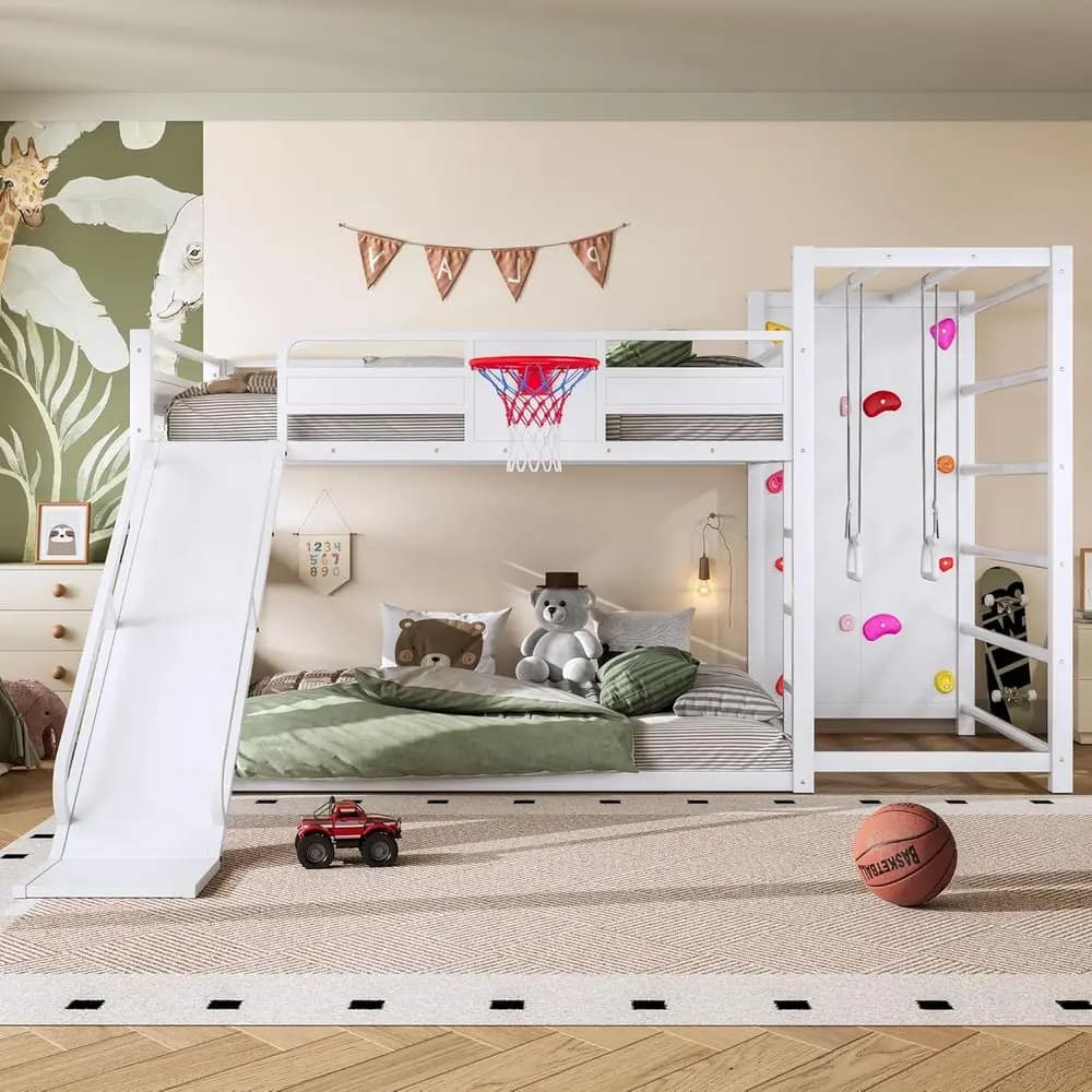 Sturdy Metal Bunk Bed with Slide, Basketball Hoop, Pull-up Bars, Climbing Wall, and Built-In Shelves, White