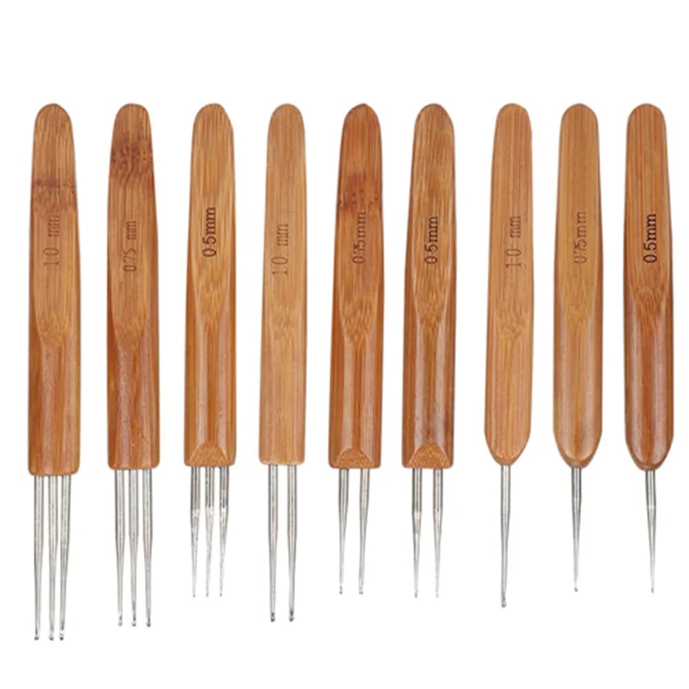 9Pcs Bamboo Handle Dreadlock Crochet Hook 0.5mm 0.75mm Sizes Single Double Hook Hair Braiding Tool 6Pcs Loc Needle