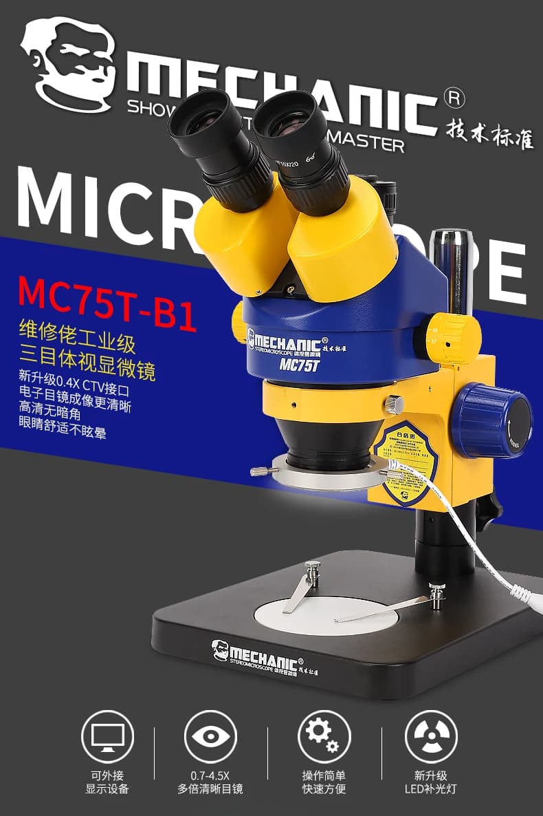 Microscopio stereo trinoculare industriale MECCANICO Piattaforma di osservazione con zoom continuo ingrandito elettronico HD MC75T-B1/B3 7-45X
