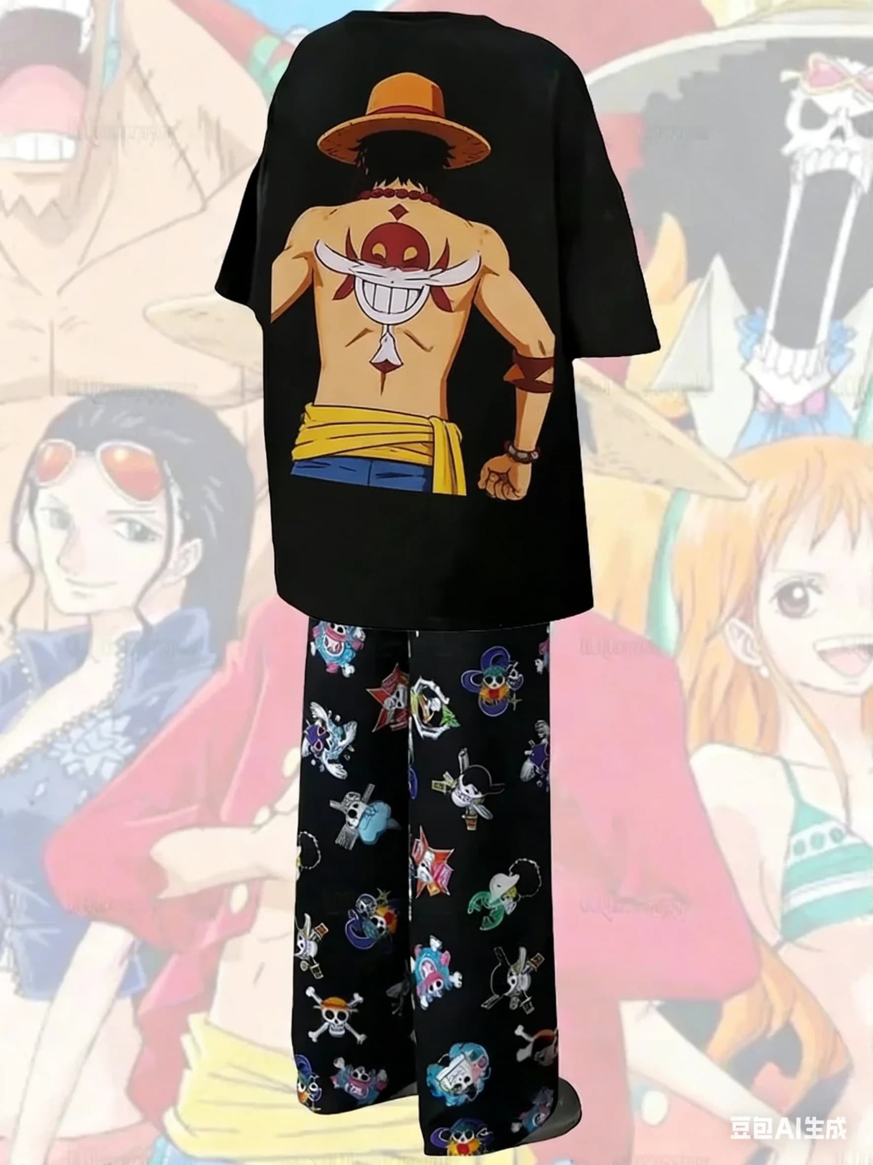 Pigiama One Piece Portgas D. Ace 2026 con stampa sul retro, set oversize T-shirt e pantaloni, unisex, per anime, morbido e traspirante, per il tempo libero