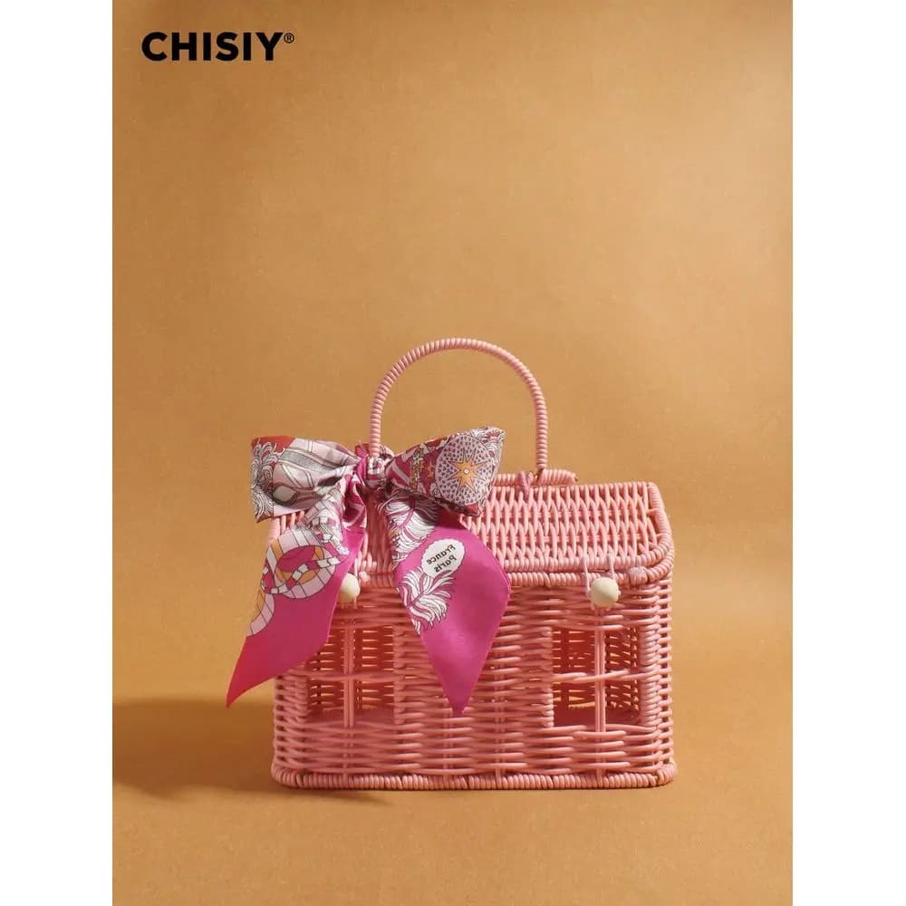 Nuova Borsa Artigianale in Rattan Intrecciato Stile Foresta per Ragazza, a Forma di Casetta, con Fiocco in Seta Verde, Personalizzabile Fai-da-te, Nuova Collezione