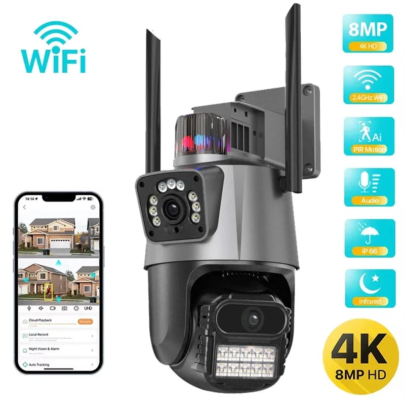 Telecamera IP da 8 MP Telecamera WiFi a doppio schermo a doppio obiettivo per esterni Telecamera PTZ di sicurezza per visione notturna a colori Sorveglianza con tracciamento automatico