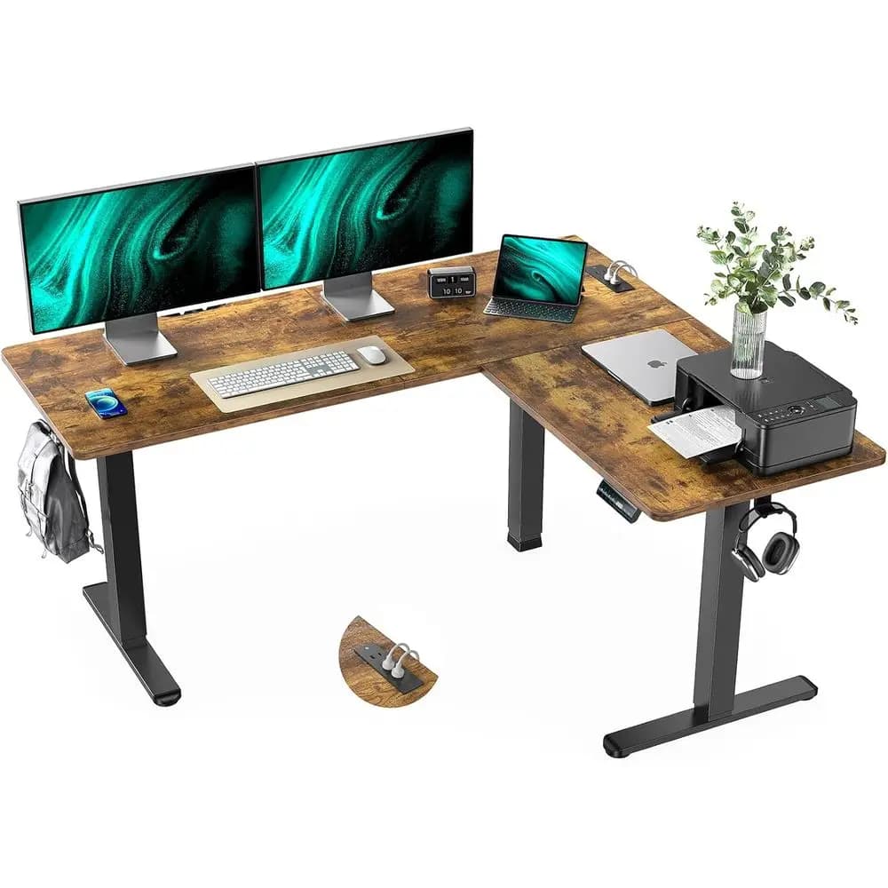 Scrivania elettrica rustica ergonomica a forma di L con presa 4 in 1, gancio P/E e funzioni di memoria per l'home office e i giochi