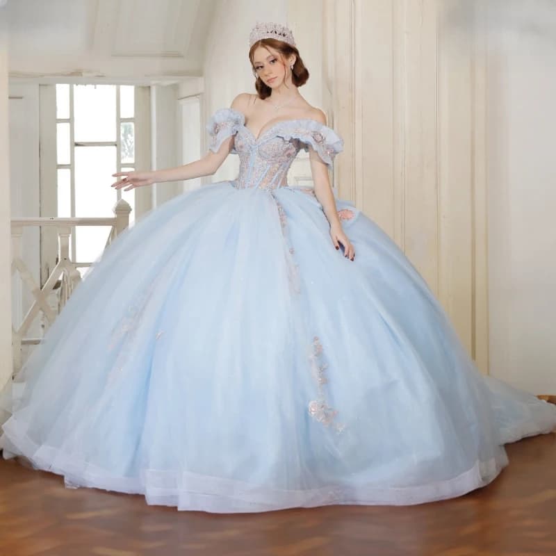 Abito da ballo lucido blu cielo Abiti stile Quinceanera con spalle scoperte Applique Perline di pizzo Tull Party Compleanno Sweet 16 Dress Vestidos