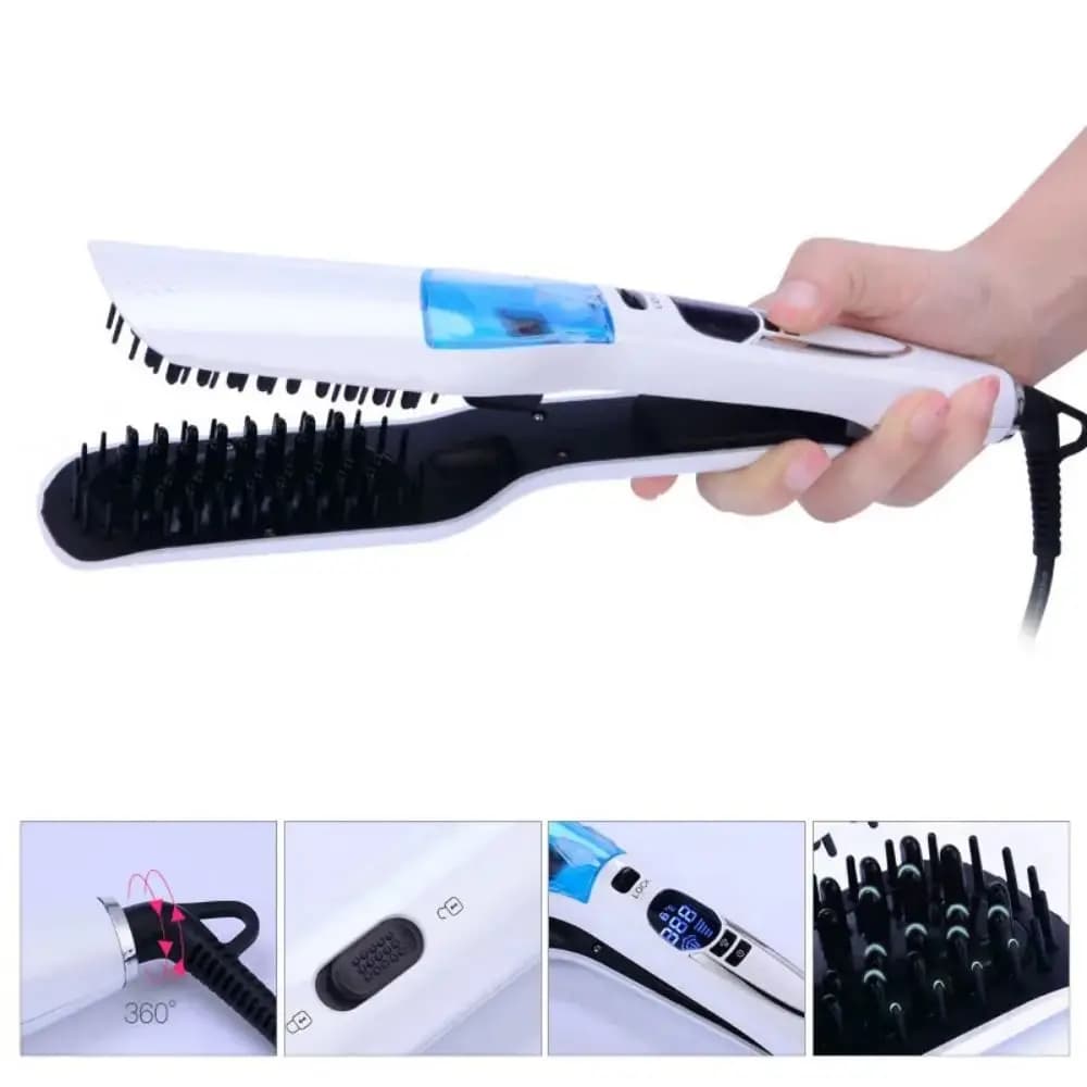Steam Hair Plate with LCD Display, Rapid PTC Heating, Anti-Crespo Smooth Brush with Negative Ions