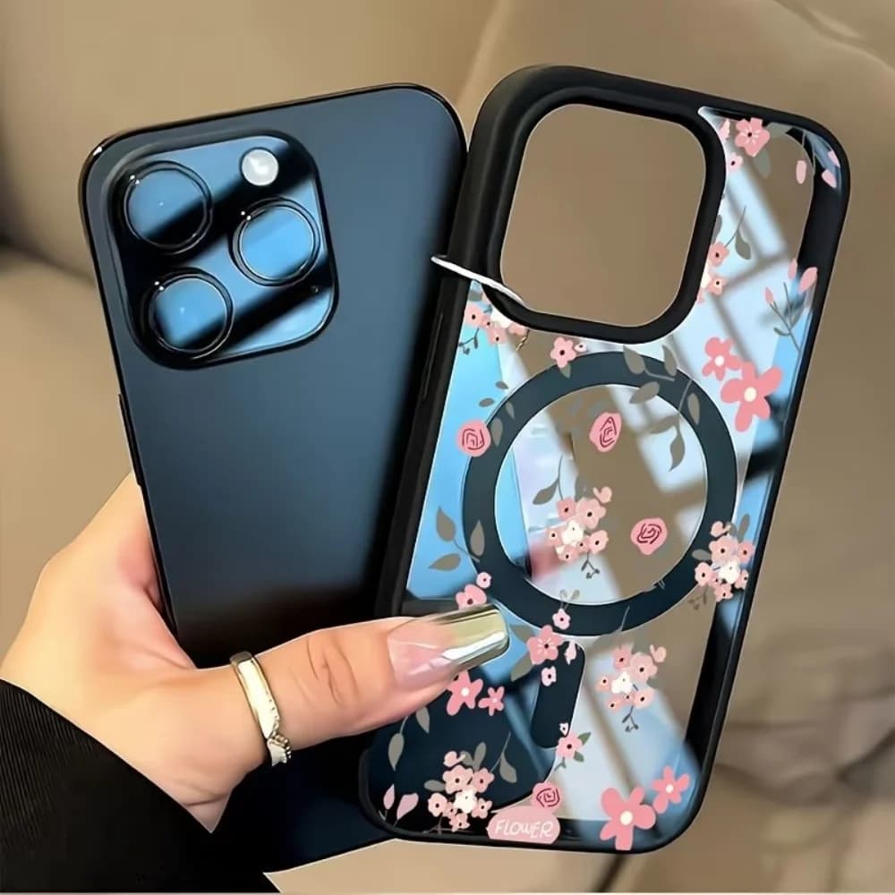 Cover Trasparente con Fiori Rosa per iPhone 17 16 15 13 12 11 XS Pro Max Plus Mini Air X XR 16e 17e, Compatibile con Ricarica Wireless Magsafe