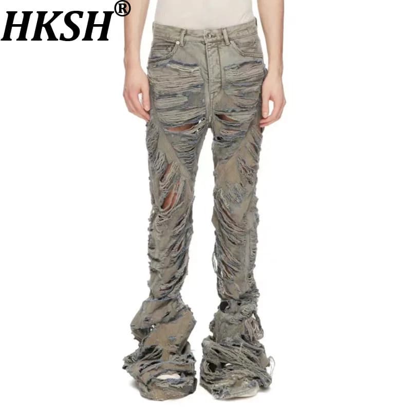 HKSH Primavera Nuovo Uomo Marea Doppio Punto Fori Strappati Distressed Gamba Larga Pantaloni di Jeans Vintage Orlo Sfilacciato Svasato A Vita Alta HK10421