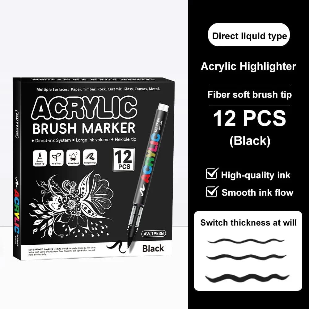 12Pcs/Box Black/White Acrylic Marker Pen Quickly Dry Waterproof Acrylic Paint Markers DIY Soft Tip Direct-Liquid Ink Marker