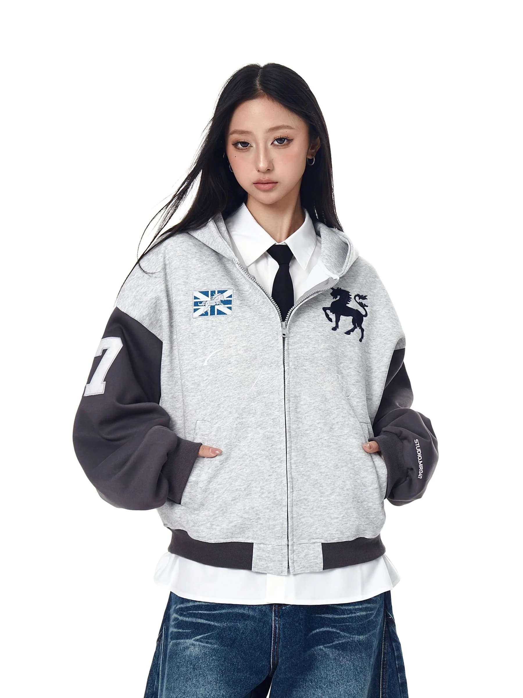 American Style Shoulder Sleeve Letter Embroidery Color Block Hoodie Open Cardigan Sweatshirt Loose Casual High Street Couple ...