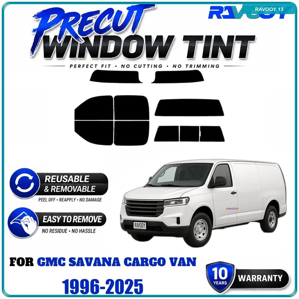 RAVOOY Precut Window Tint, Reusable Removable EPU Film, Custom Fit for Gmc Savana Cargo Van 1996-2025, UV Heat Protection
