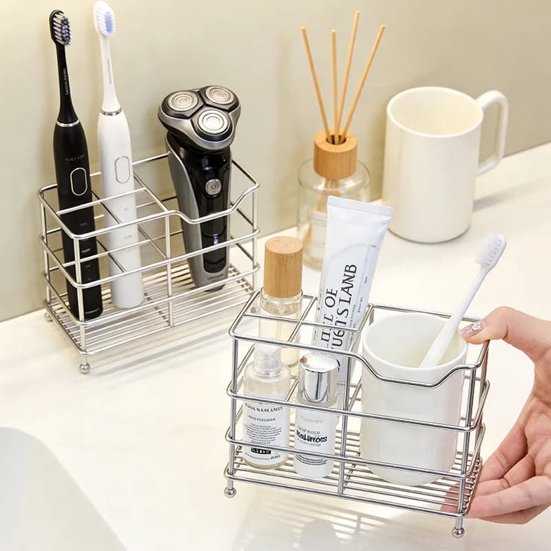 Stainless Steel Toothbrush Holder Bathroom Washbasin Countertop Sundries Storage Rack Space-Saving Home Organizer Storage Box