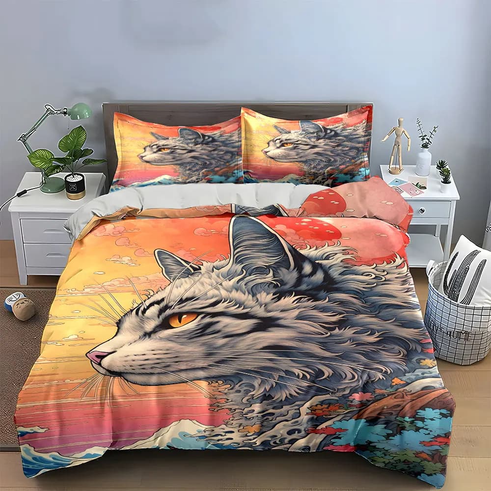 Set di biancheria da letto con motivo artistico gatto e natura, con 1 copripiumino e 2 federe, singolo, matrimoniale, king, queen, idea regalo