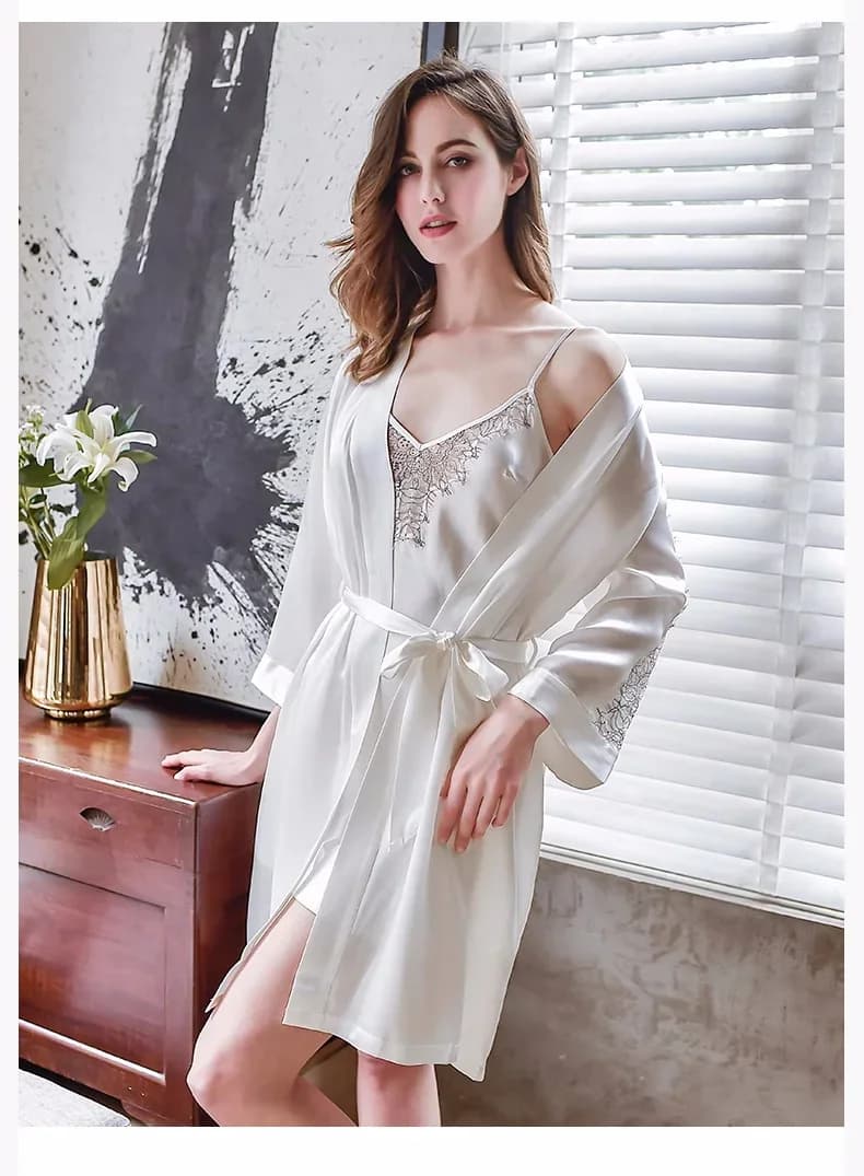 Women 2PCS 100% Frost Silk Kimono Dress Night Shirt Bathrobe Home Sexy Pijama Cams Night Shirts Wearing Pijama Vestaglie