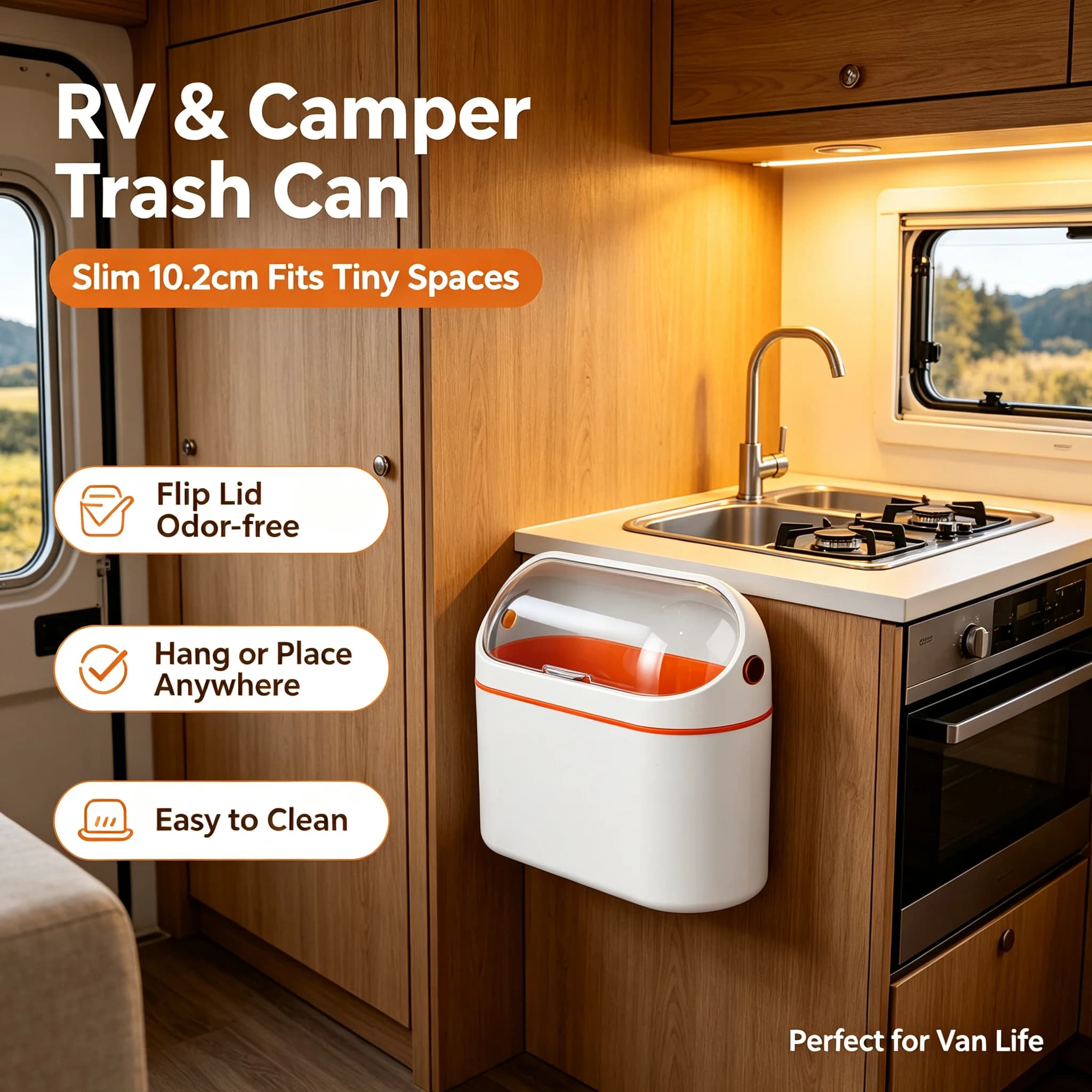 Bymaocar Desktop Garbage Bin Car Trash Can RV Trash Can Mini Trash Can with Lid Wall Mounted Slim Orange Waste Basket Storage for Kitchen Desk Office Living Room Bedroom Car Bathroom