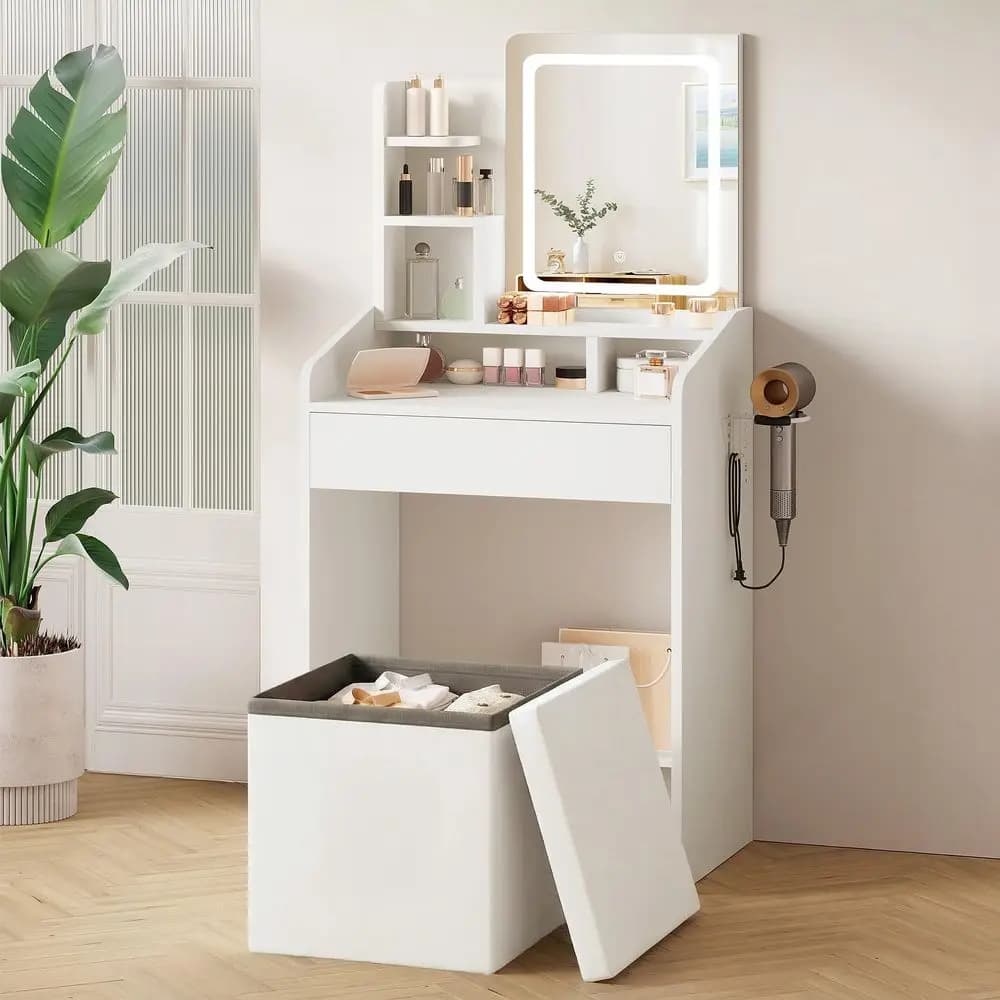 Set da toeletta piccolo con specchio illuminato e stazione di ricarica, scrivania da trucco moderna bianca 24 con sgabello contenitore, porta asciugacapelli, Smart L
