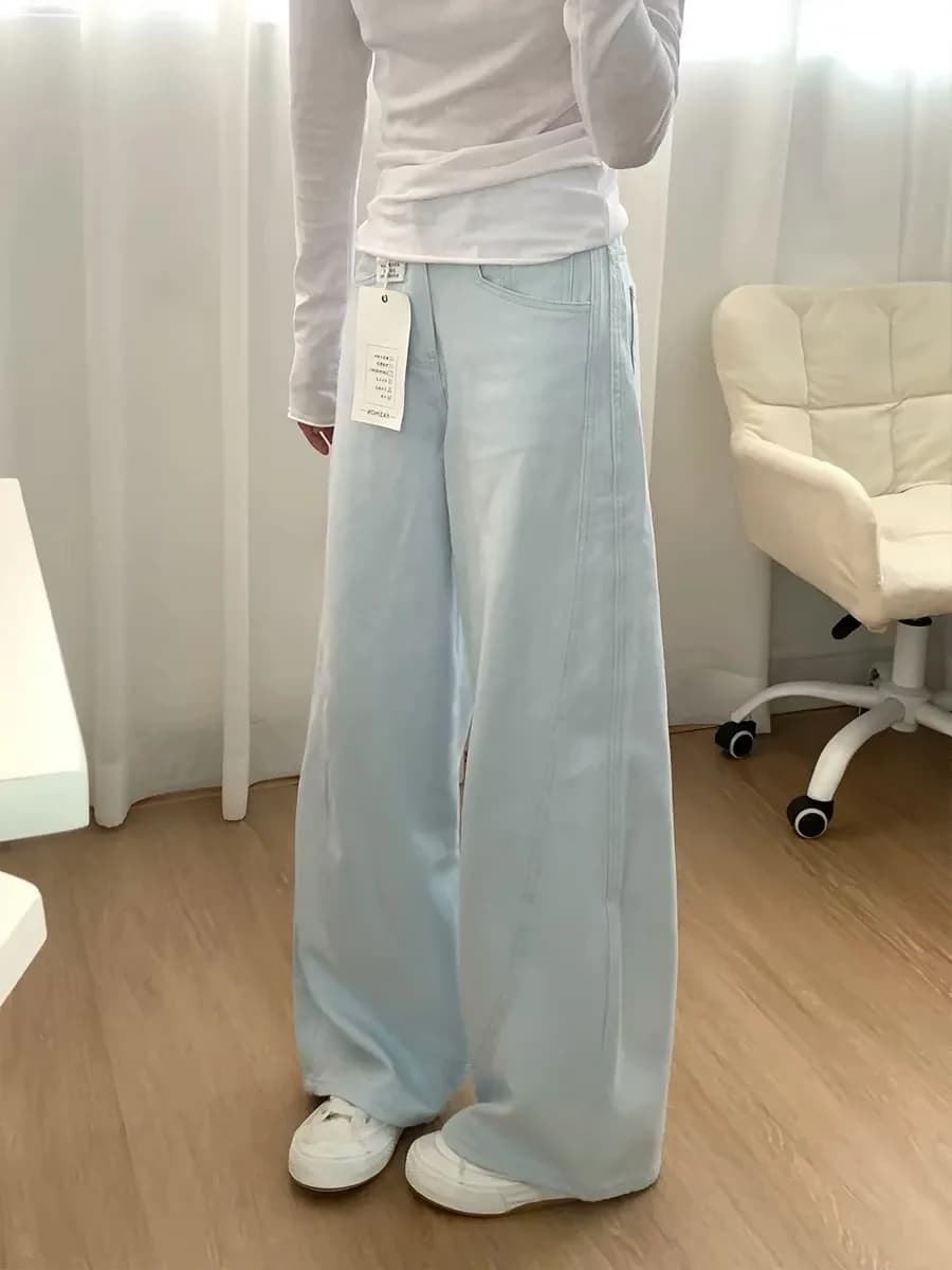 Light Blue Wide Leg Jeans Women Summer New BF Drape Lazy Casual Pants Thin Versatile Denim High Waist Zipper Pocket Pure Color