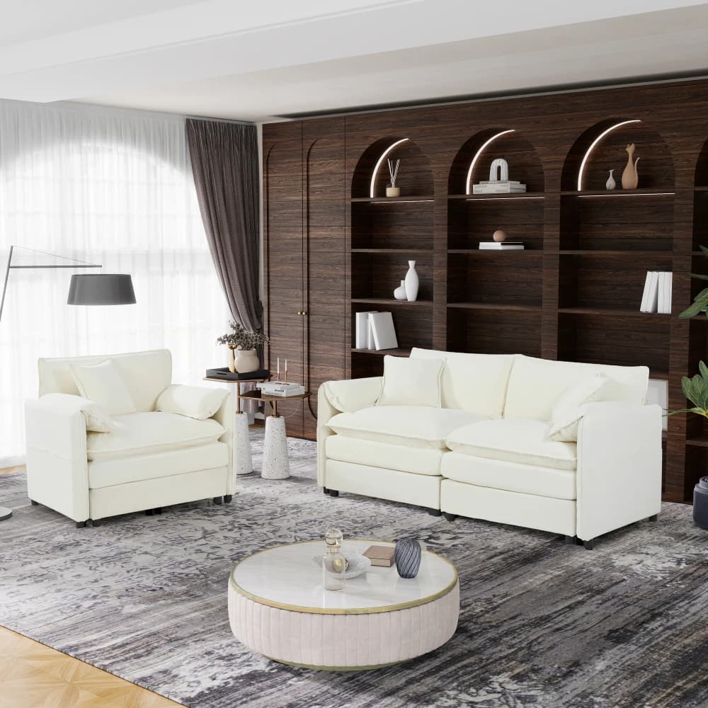 Set Nuvola in Ciniglia 2 Pezzi: 3 Cuscini, Divano Moderno e Poltrona con Seduta Profonda, Fai-da-Te, Casa/Ufficio, Beige