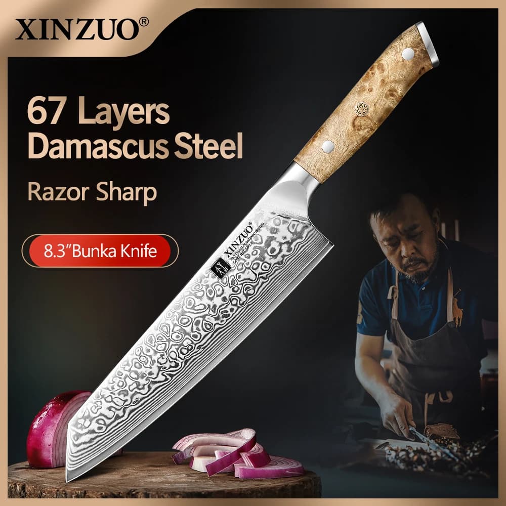 XINZUO Professional 8.27-inch Bunka Chef Knife Choice 67-Layer Damascus 60±2 HRC 15° Edge Sycamore Handle Gift Packaging