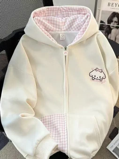 Felpa con Cappuccio da Donna con Stampa di Cane Cartoonesco e Inserti a Quadri, Giacca con Zip Larga e Comoda per Autunno e Inverno, Stile Coreano Trendy a Maniche Lunghe