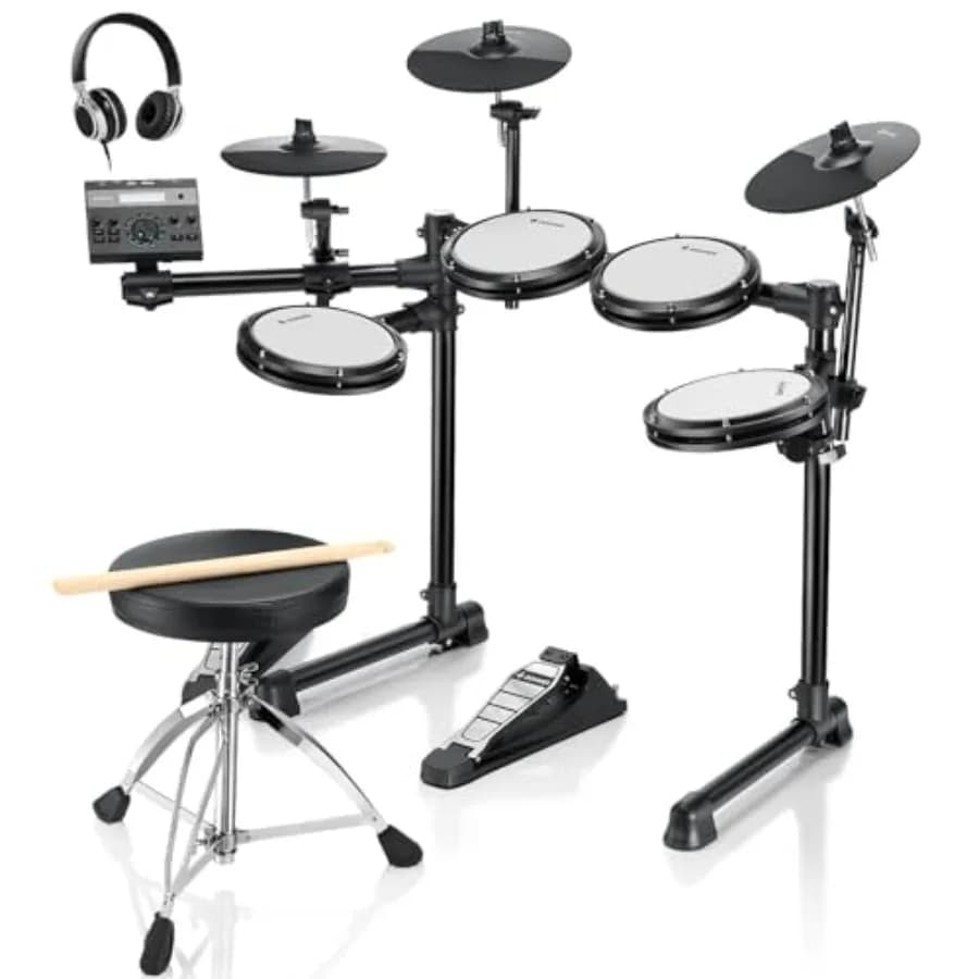 Batteria Elettronica Donner DED-200 LITE per Principianti con Oltre 450 Suoni, USB MIDI, Pad in Mesh Silenziosi, Sgabello e Cuffie