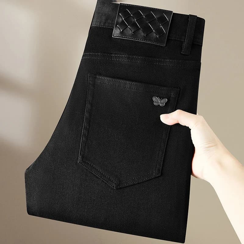 Men's pure black jeans 2025 new fashion luxury light spring and summer versatile pants straight elastic slim fit