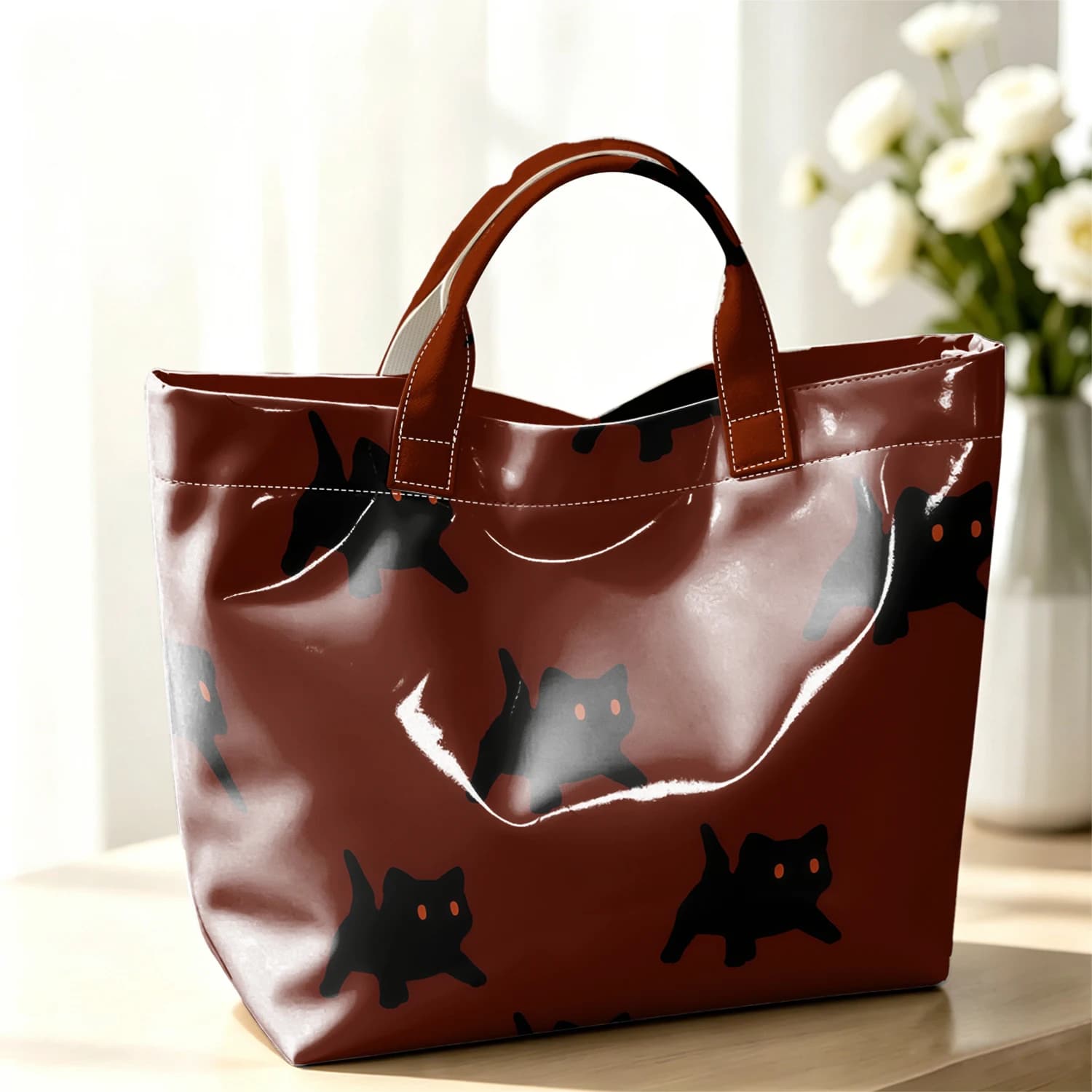 Crimson Black Cats Fashion Large Glossy PVC Tote Bag Hand Washable Waterproof Perfect Travel Commute Cosmetic Storage Shopper