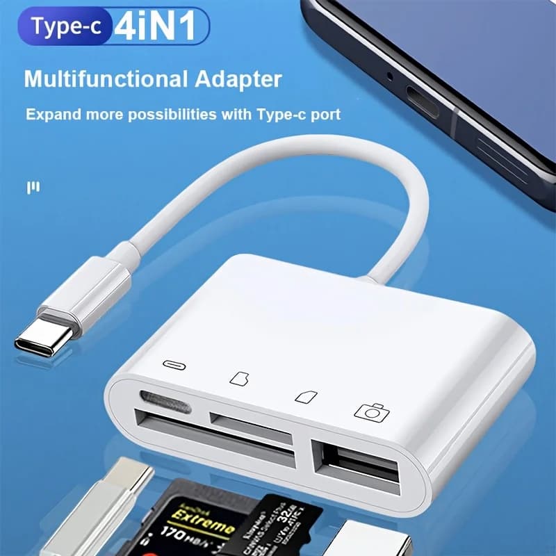 Adattatore Hub USB 4 in 1 da Tipo C a Lettore di Schede TF SD con Porta di Ricarica per MacBook Huawei Samsung Xiaomi Convertitore di Schede di Memoria