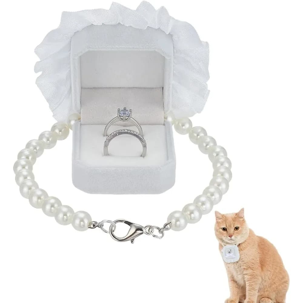 Collare per cani da matrimonio con perle con scatola per anelli Scatola per esposizione per anelli per collare per cani staccabile bianco da 11,73 pollici con collane di perle e chiusura