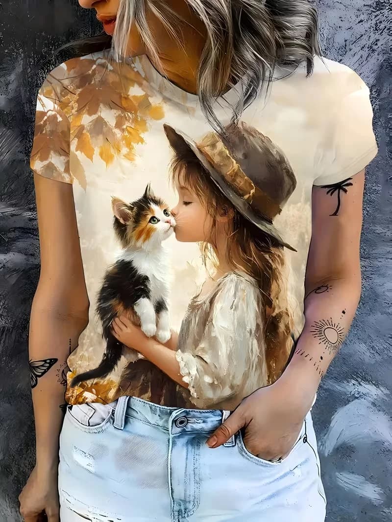 T-shirt Donna Essenziale Primavera/Estate 2026 con Stampa Digitale 3D Gatto e Ragazza della Foresta, Top Ampio e Versatile