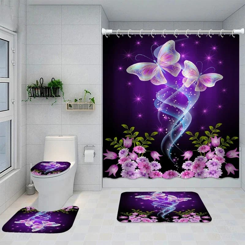 Rose 3D Waterproof Shower Curtain Bathroom Set, Home Decor 100% Polyester Shower Curtain Sets 4 Pieces