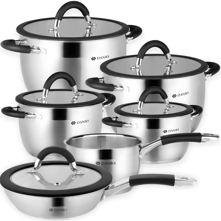 Orlando 11 piece stainless steel induction pots set - Dishwasher washable pot, pan, heat-resistant pots, Gla