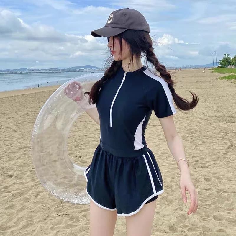 New Women's Swimsuit, One-piece Coverage Slimming Effect Conservative Sports Style Hot Spring Flat Leg Pants Swimsuit Plus Size