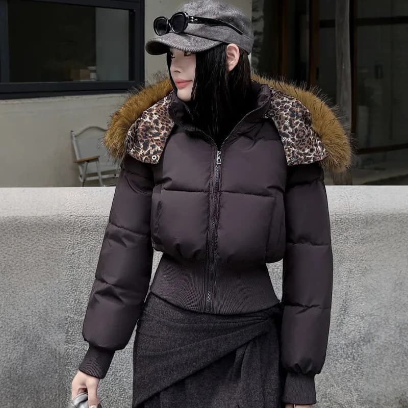 2026 Streetwear Short Parkas Women's Cotton-padded Jacket Detachable-sleeves Hooded Fur-collar Coat Thicken Elastic-waist Jacket