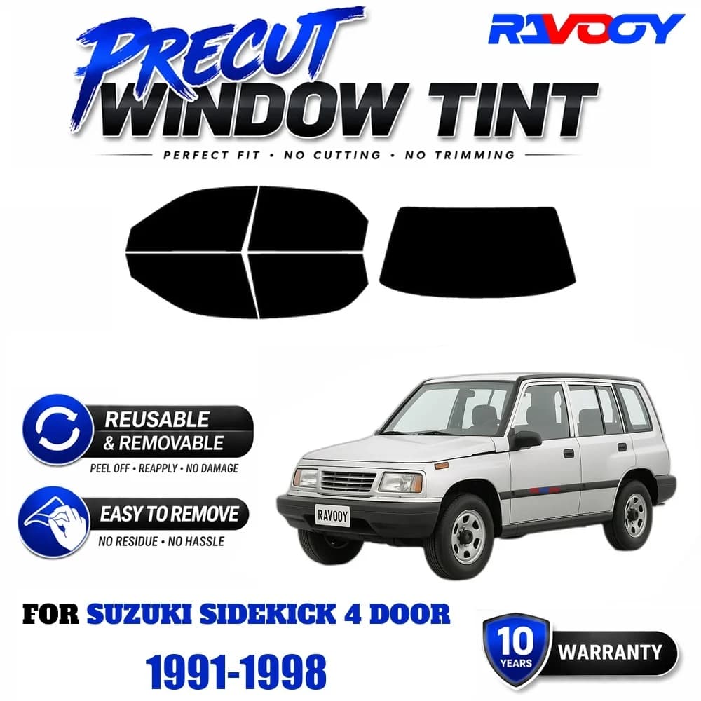 RAVOOY Precut Window Tint, Reusable Removable EPU Film, Custom Fit for Suzuki Sidekick 4 Door 1991-1998, UV Heat Protection